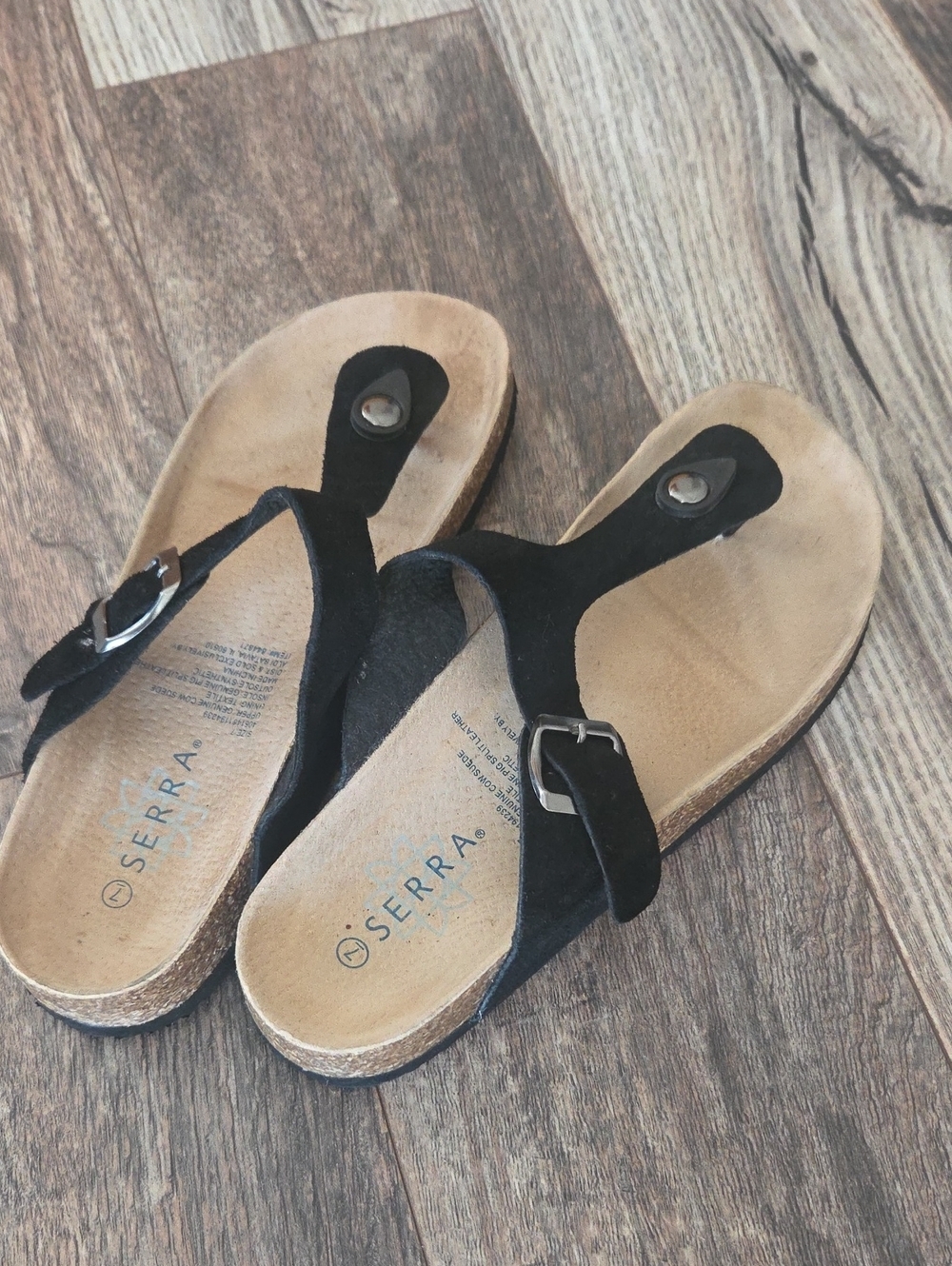 Serra Black Suede Toe-Post Sandals with Silver Buckle